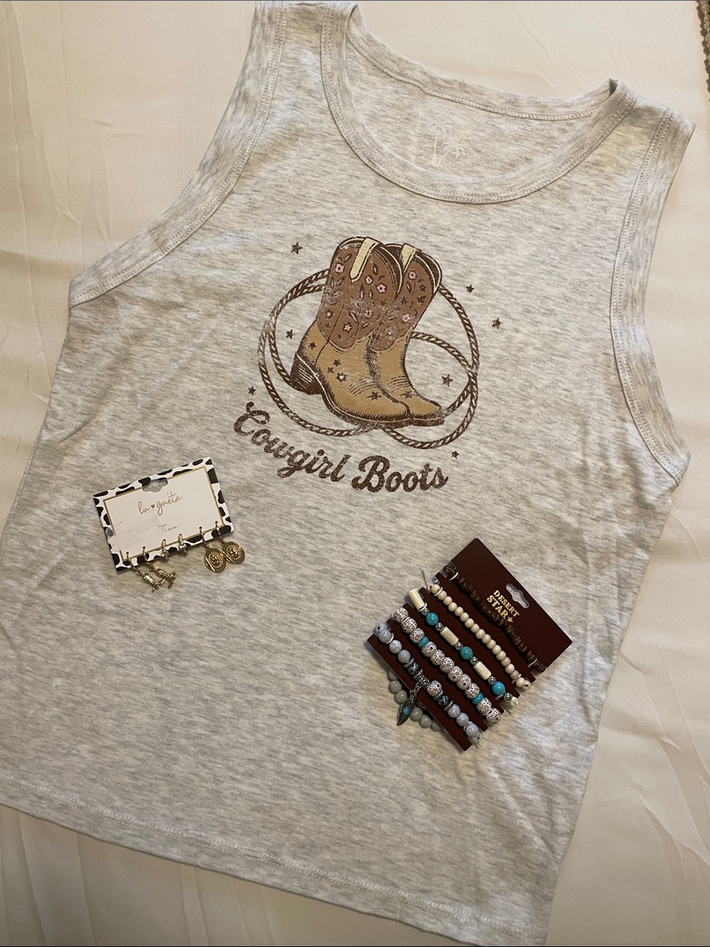 Light Gray Cowgirl Boots Graphic Tank Top earrings bracelet bundle